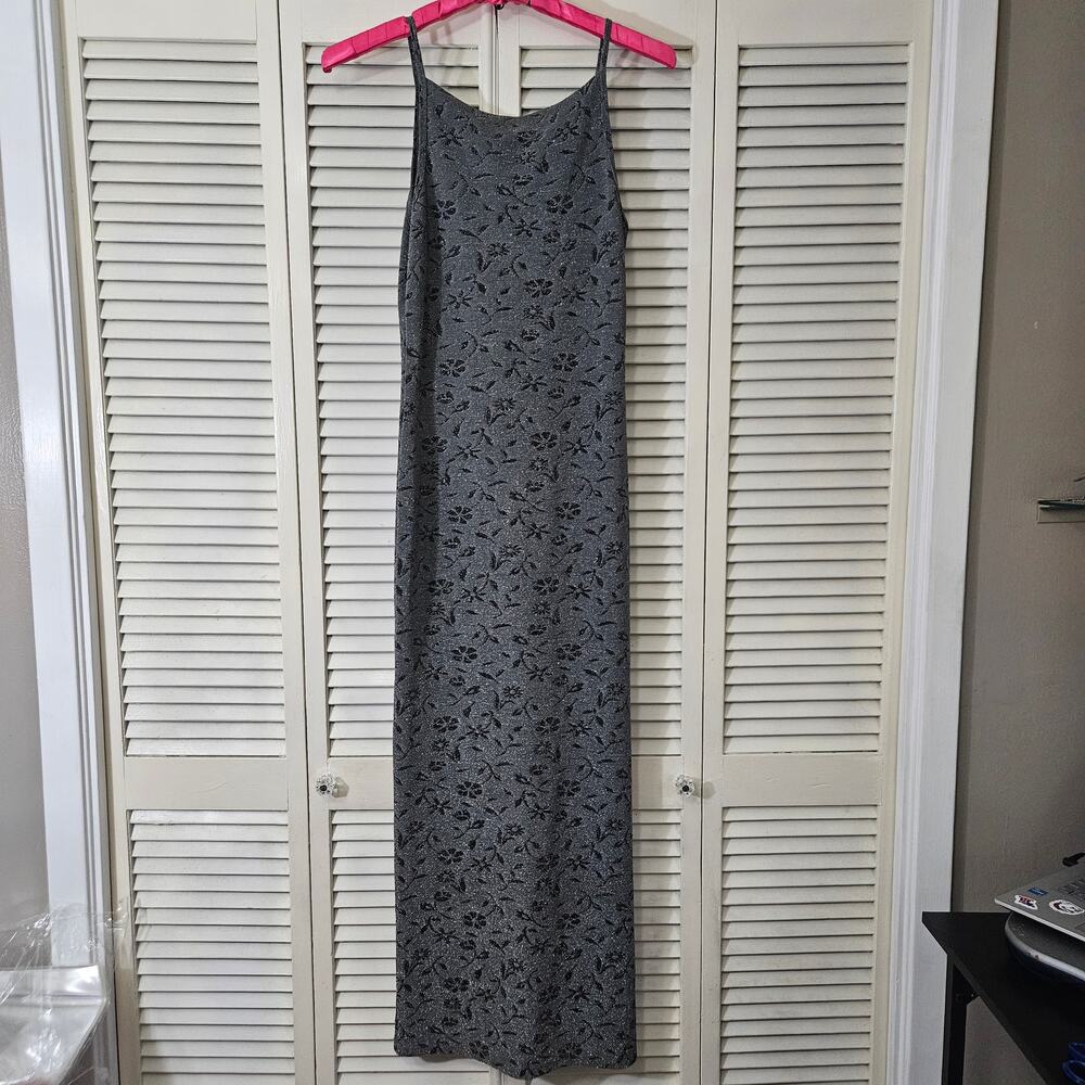 VTG PerSception Metallic Silver Black Floral Maxi Dress Sz L 90s Y2K Whimsygoth